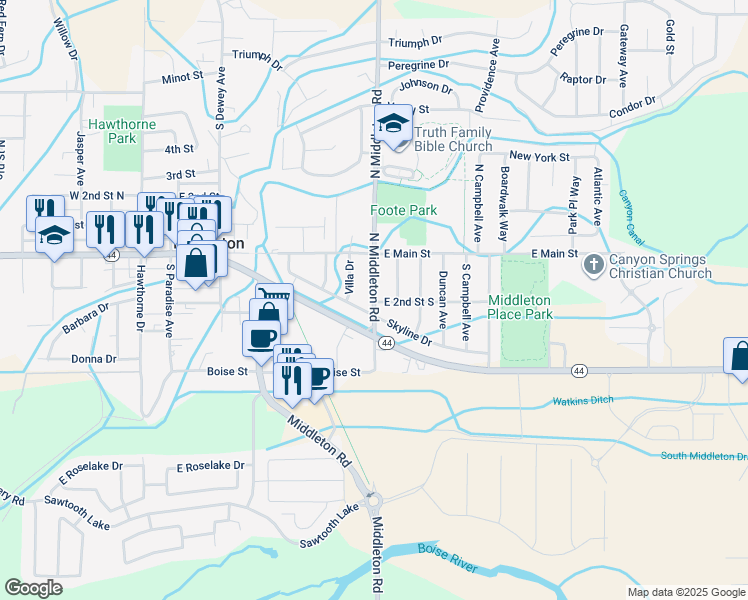 map of restaurants, bars, coffee shops, grocery stores, and more near 73 North Middleton Road in Middleton