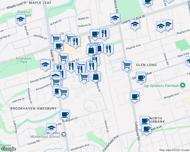 map of restaurants, bars, coffee shops, grocery stores, and more near 77 Densley Avenue in Toronto