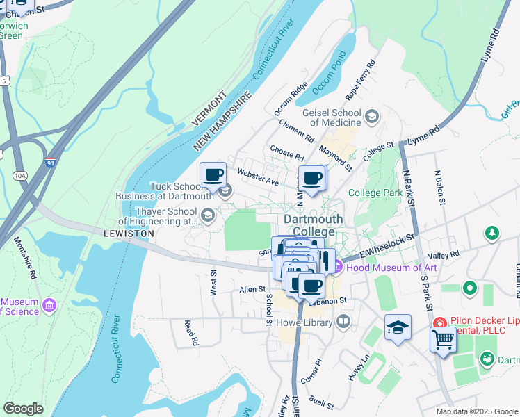 map of restaurants, bars, coffee shops, grocery stores, and more near Tuck Mall in Hanover