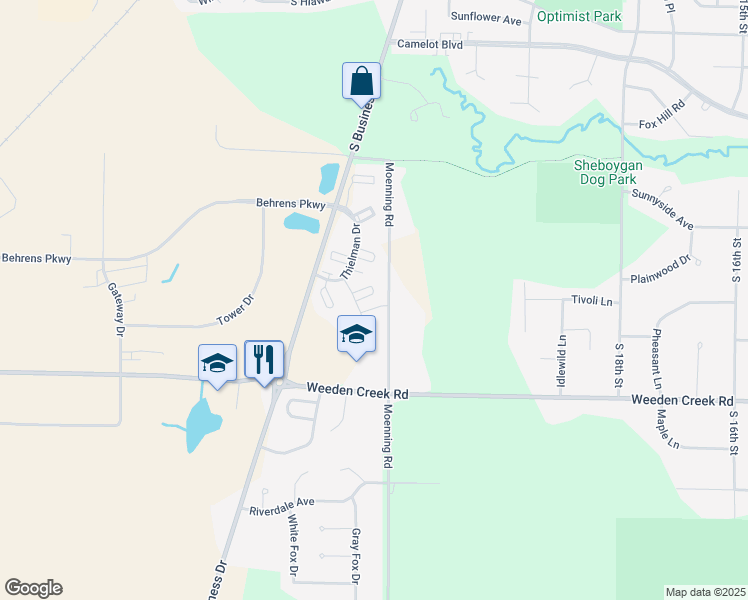 map of restaurants, bars, coffee shops, grocery stores, and more near 4427 Primrose Court in Sheboygan