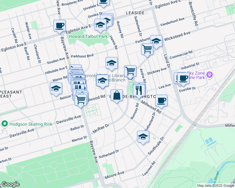 map of restaurants, bars, coffee shops, grocery stores, and more near 821 Millwood Road in Toronto