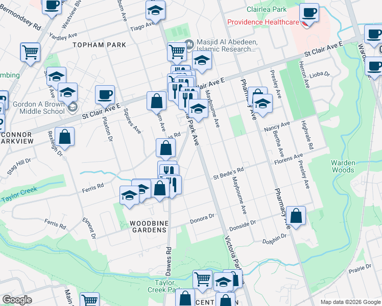 map of restaurants, bars, coffee shops, grocery stores, and more near 140 Meighen Avenue in Toronto