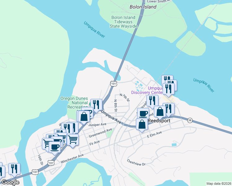 map of restaurants, bars, coffee shops, grocery stores, and more near 38 North 7th Street in Reedsport