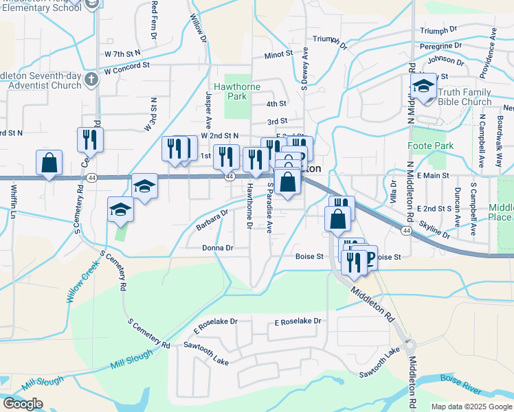 map of restaurants, bars, coffee shops, grocery stores, and more near 100 East 1st Street in Middleton