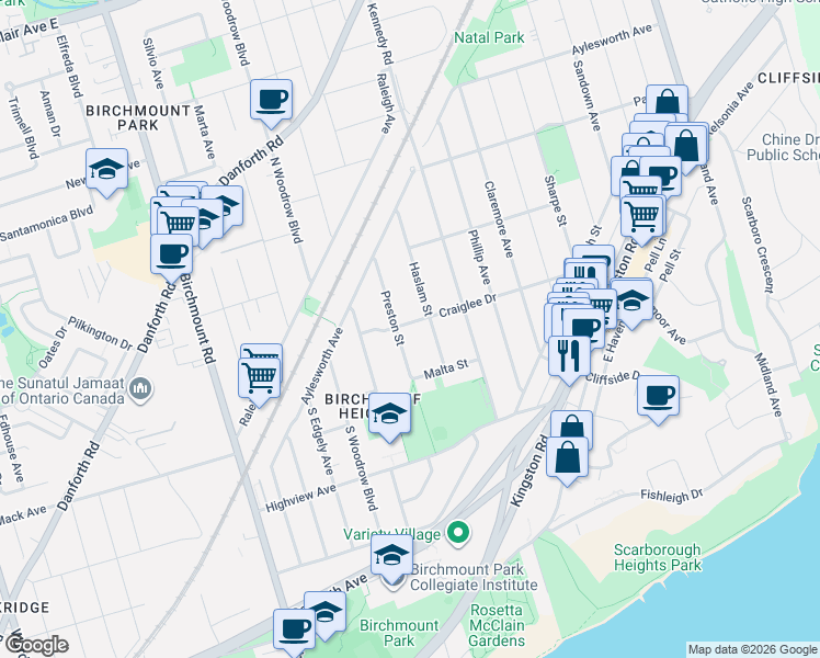 map of restaurants, bars, coffee shops, grocery stores, and more near 9 Craiglee Drive in Toronto