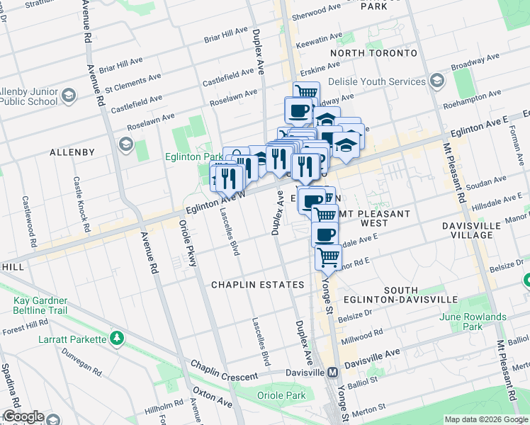 map of restaurants, bars, coffee shops, grocery stores, and more near 29 Maxwell Avenue in Toronto