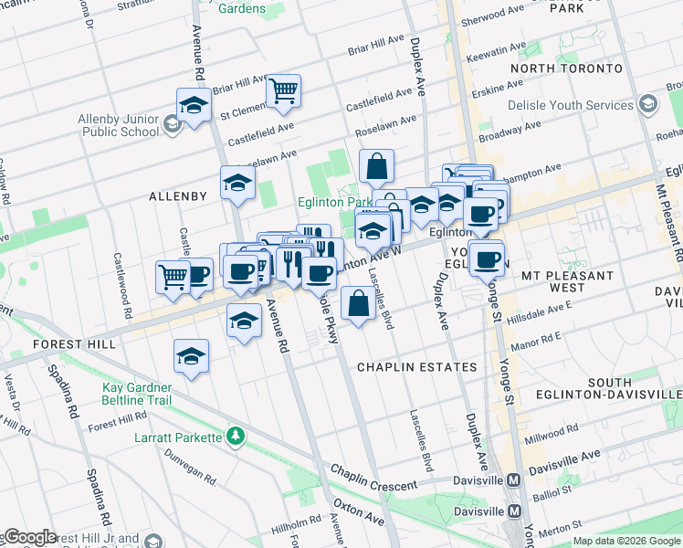 map of restaurants, bars, coffee shops, grocery stores, and more near 166 Eastbourne Avenue in Toronto