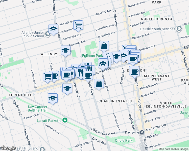 map of restaurants, bars, coffee shops, grocery stores, and more near 166 Eastbourne Avenue in Toronto