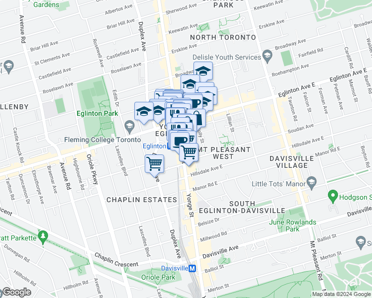 map of restaurants, bars, coffee shops, grocery stores, and more near 2171 Yonge Street in Toronto