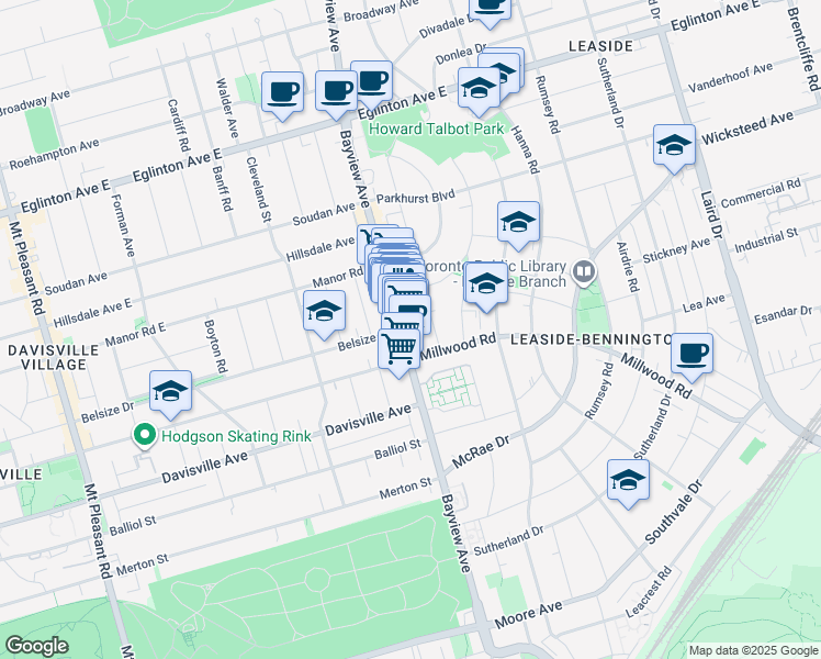 map of restaurants, bars, coffee shops, grocery stores, and more near in Toronto