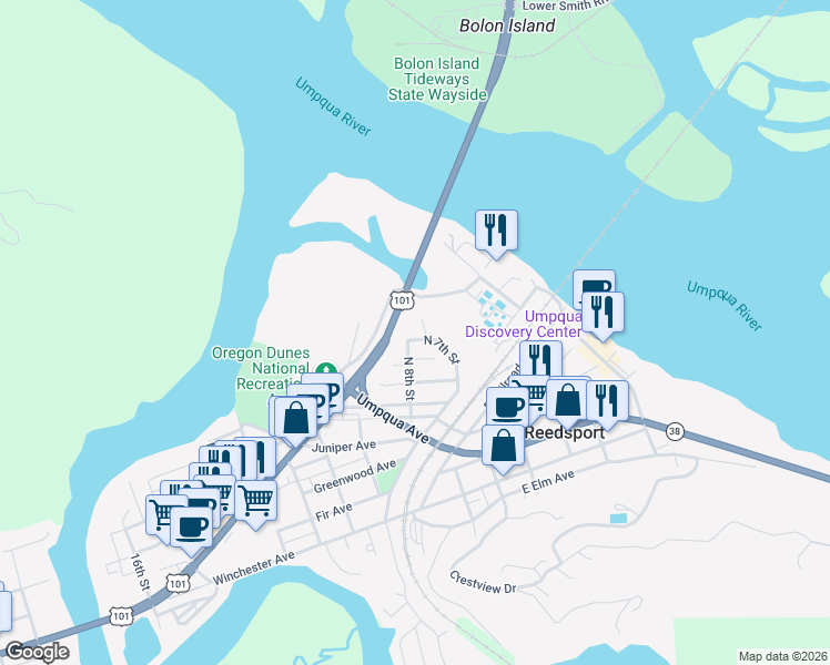 map of restaurants, bars, coffee shops, grocery stores, and more near 38 North 7th Street in Reedsport
