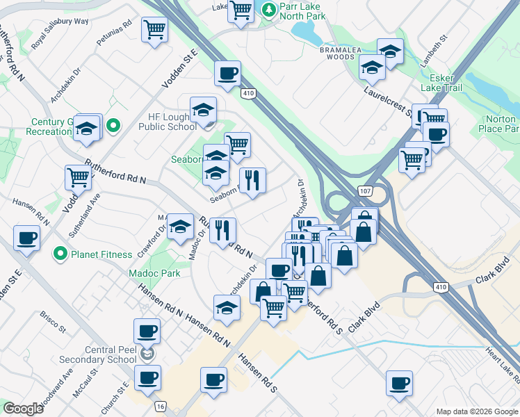 map of restaurants, bars, coffee shops, grocery stores, and more near 20 Kenilworth Road in Brampton
