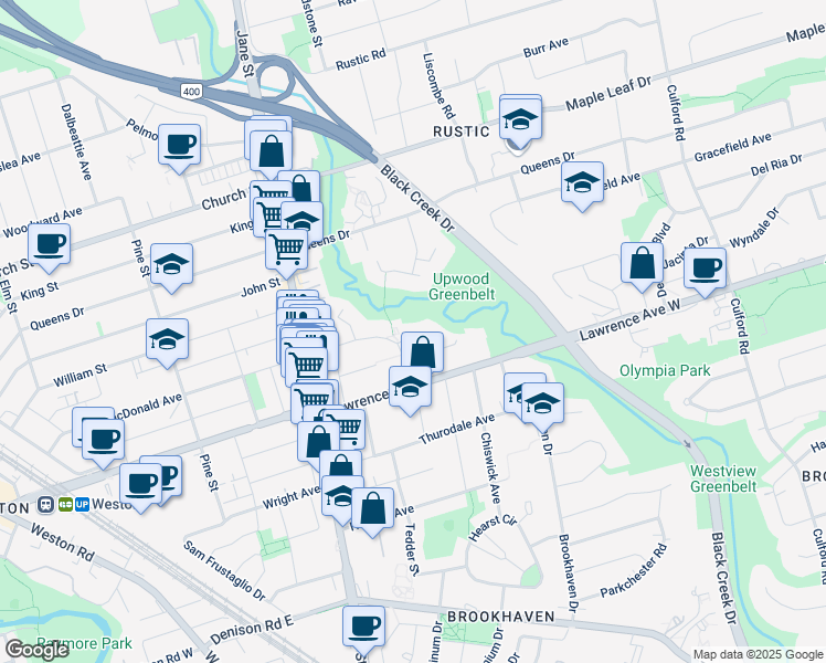 map of restaurants, bars, coffee shops, grocery stores, and more near in Toronto