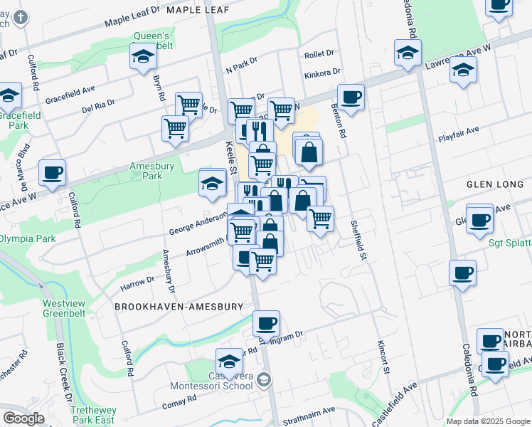 map of restaurants, bars, coffee shops, grocery stores, and more near 12 Milford Avenue in Toronto