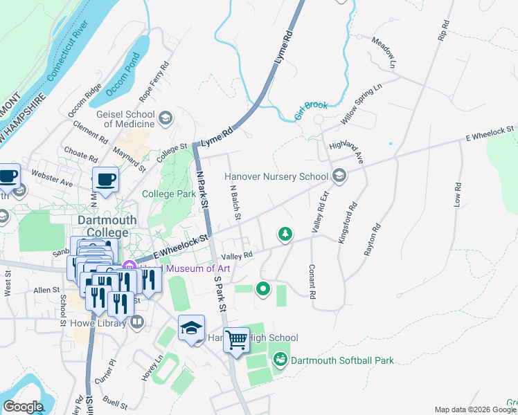 map of restaurants, bars, coffee shops, grocery stores, and more near 2 Smith Road in Hanover