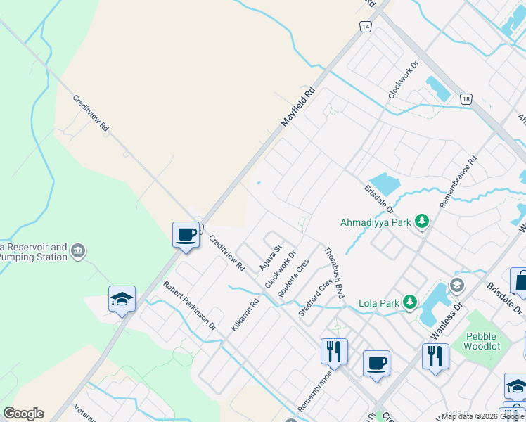 map of restaurants, bars, coffee shops, grocery stores, and more near 2 Agava Street in Brampton