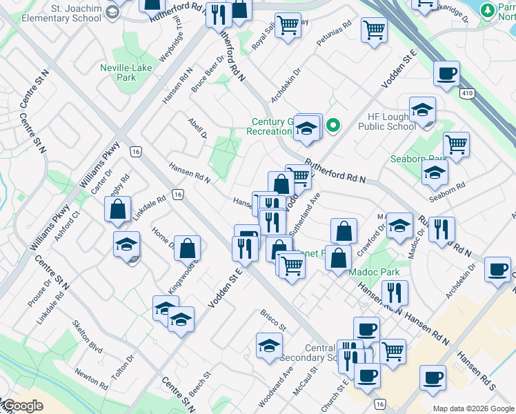 map of restaurants, bars, coffee shops, grocery stores, and more near 6 Charters Road in Brampton