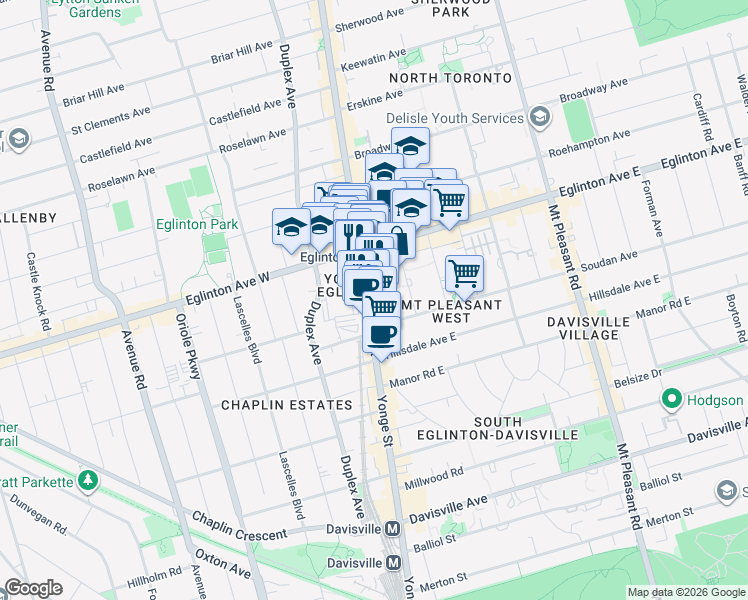 map of restaurants, bars, coffee shops, grocery stores, and more near 2181 Yonge Street in Toronto
