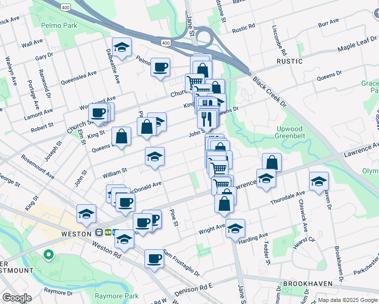 map of restaurants, bars, coffee shops, grocery stores, and more near 201 William Street in Toronto