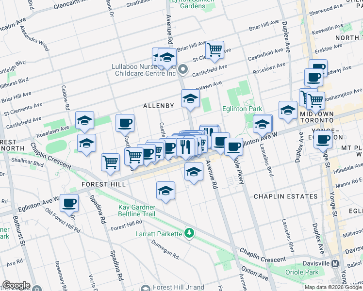 map of restaurants, bars, coffee shops, grocery stores, and more near in Toronto