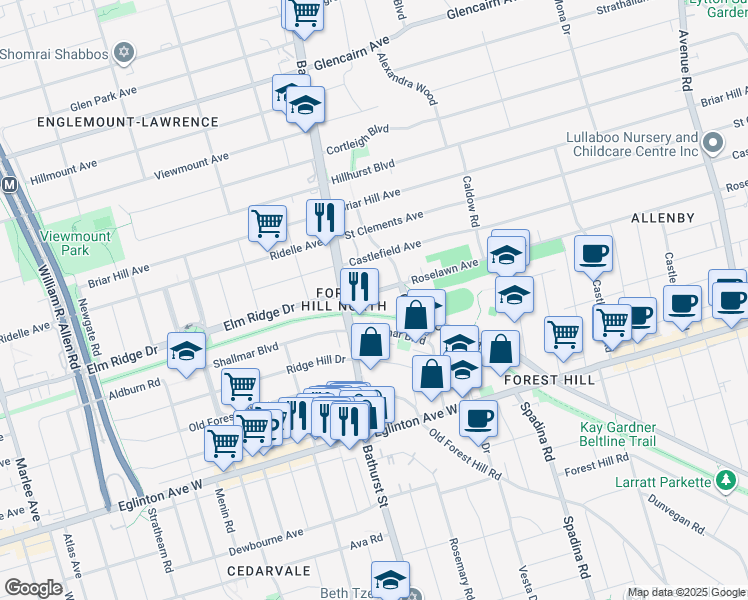 map of restaurants, bars, coffee shops, grocery stores, and more near in Toronto