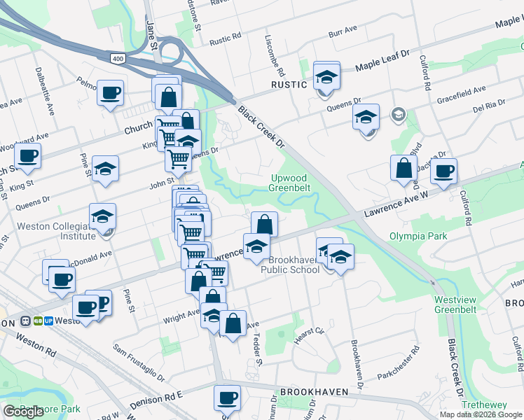 map of restaurants, bars, coffee shops, grocery stores, and more near in Toronto