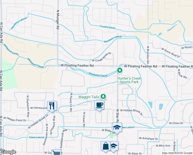 map of restaurants, bars, coffee shops, grocery stores, and more near 11550 West Meadowfalls Drive in Star