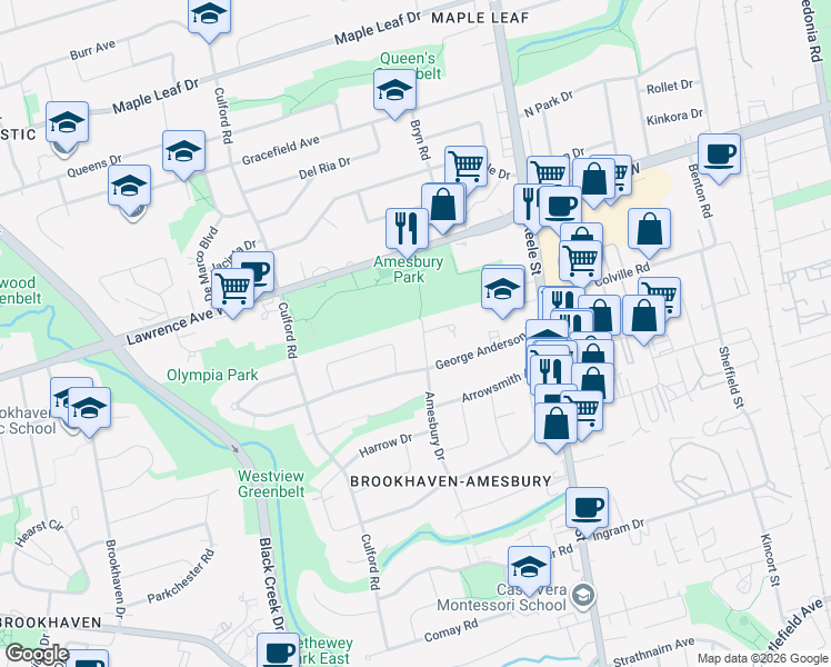 map of restaurants, bars, coffee shops, grocery stores, and more near in Toronto