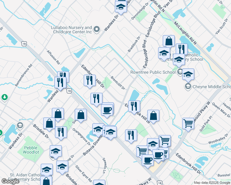 map of restaurants, bars, coffee shops, grocery stores, and more near in Brampton