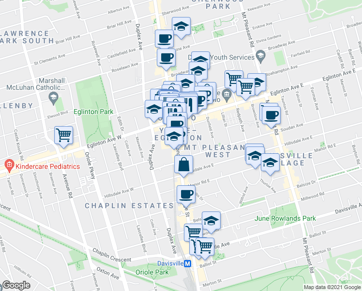 map of restaurants, bars, coffee shops, grocery stores, and more near 2181 Yonge Street in Toronto