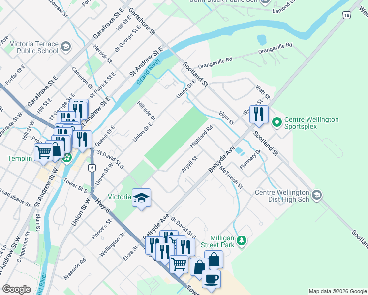 map of restaurants, bars, coffee shops, grocery stores, and more near 379 Highland Road in Fergus