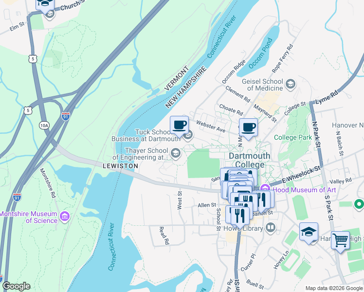 map of restaurants, bars, coffee shops, grocery stores, and more near 31 Tuck Mall in Hanover