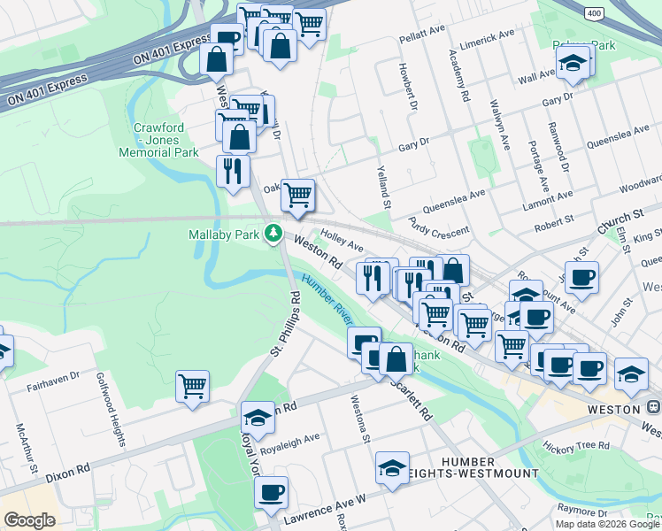 map of restaurants, bars, coffee shops, grocery stores, and more near 2304 Weston Road in Toronto