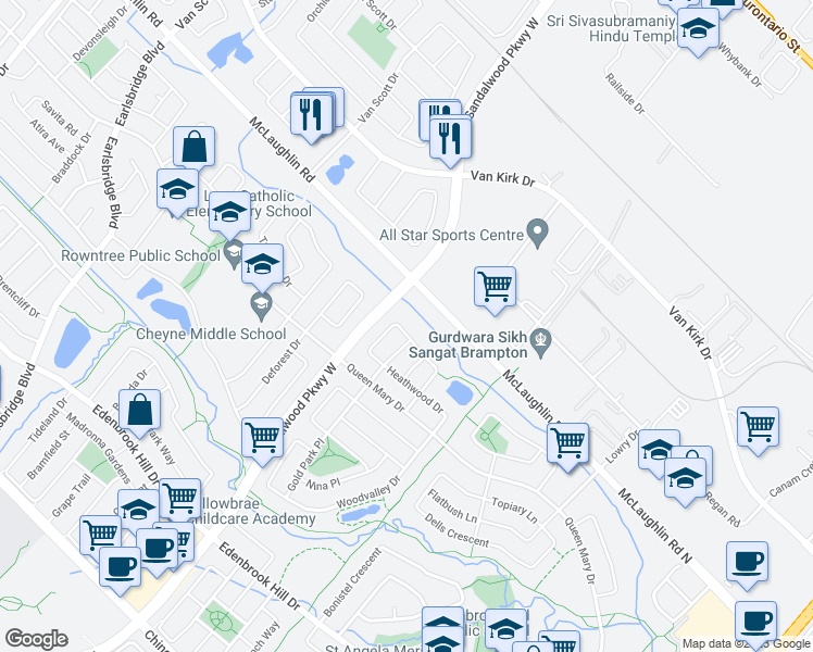 map of restaurants, bars, coffee shops, grocery stores, and more near 71 Woodhaven Drive in Brampton