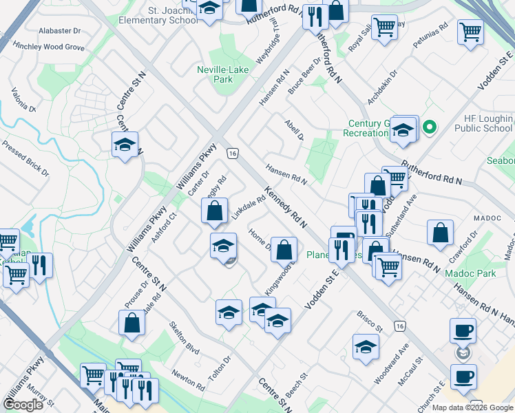map of restaurants, bars, coffee shops, grocery stores, and more near 13 Linkdale Road in Brampton