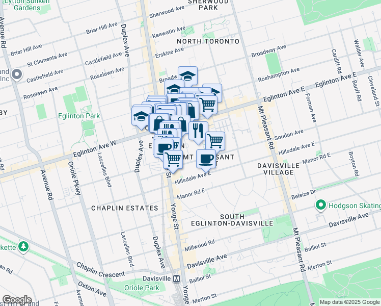 map of restaurants, bars, coffee shops, grocery stores, and more near 25 Holly Street in Toronto