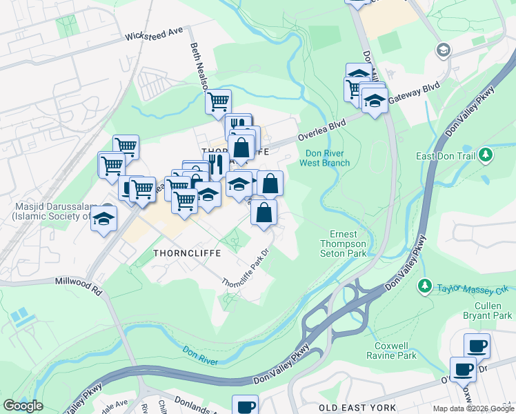 map of restaurants, bars, coffee shops, grocery stores, and more near 75 Thorncliffe Park Drive in Toronto