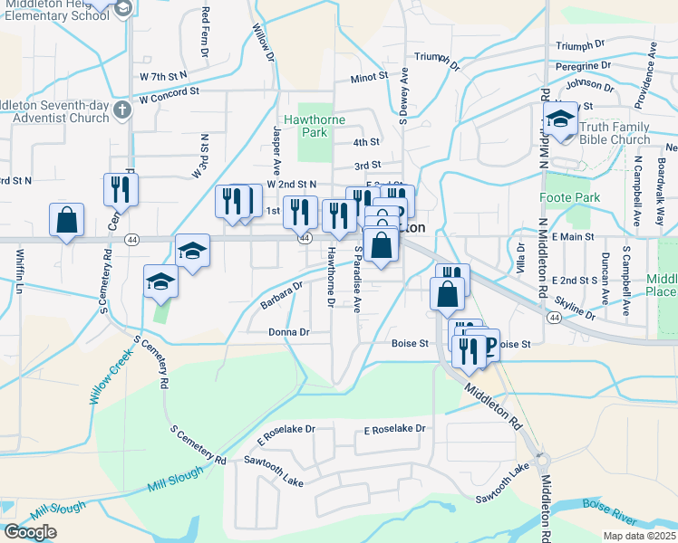 map of restaurants, bars, coffee shops, grocery stores, and more near 100 East 1st Street in Middleton
