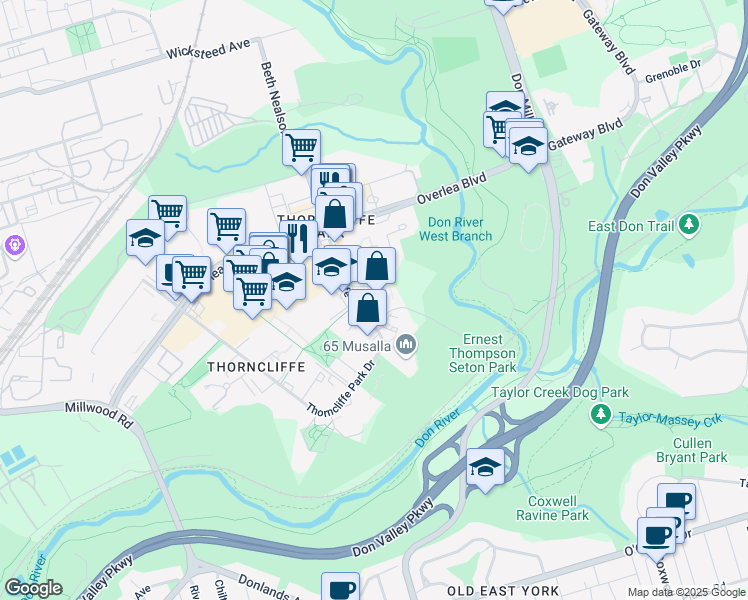 map of restaurants, bars, coffee shops, grocery stores, and more near 75 Thorncliffe Park Drive in Toronto