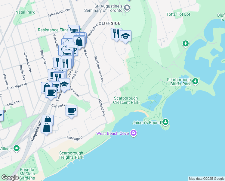 map of restaurants, bars, coffee shops, grocery stores, and more near 8 Undercliff Drive in Toronto