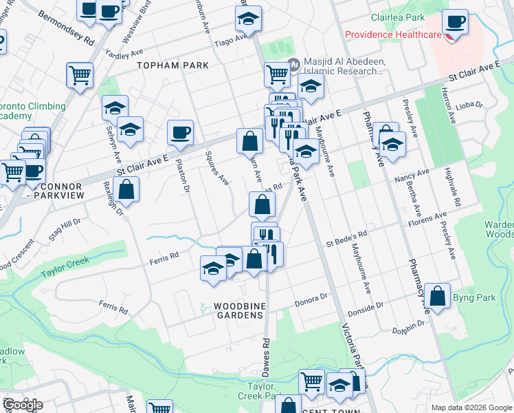 map of restaurants, bars, coffee shops, grocery stores, and more near in Toronto