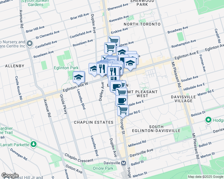 map of restaurants, bars, coffee shops, grocery stores, and more near in Toronto