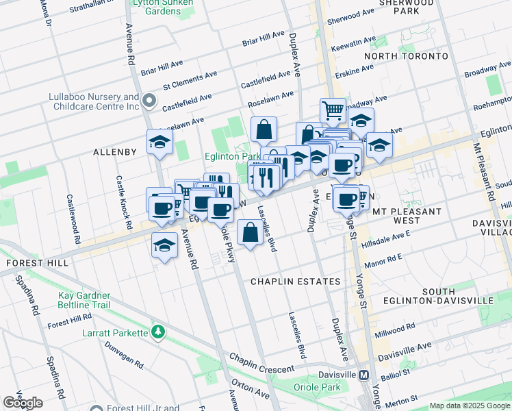 map of restaurants, bars, coffee shops, grocery stores, and more near 159 Eglinton Avenue West in Toronto