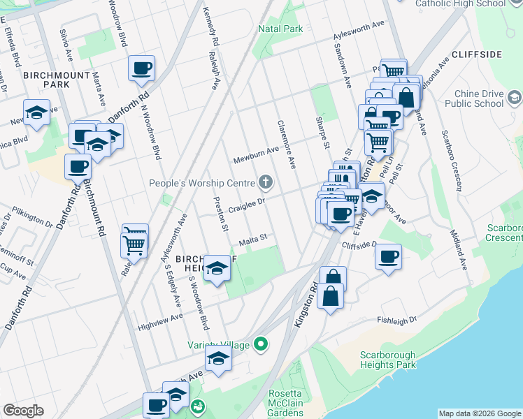 map of restaurants, bars, coffee shops, grocery stores, and more near in Toronto