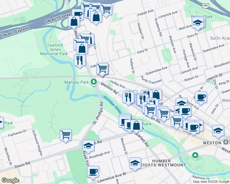 map of restaurants, bars, coffee shops, grocery stores, and more near 2304 Weston Road in Toronto
