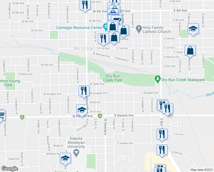 map of restaurants, bars, coffee shops, grocery stores, and more near 502 South Rowley Street in Mitchell