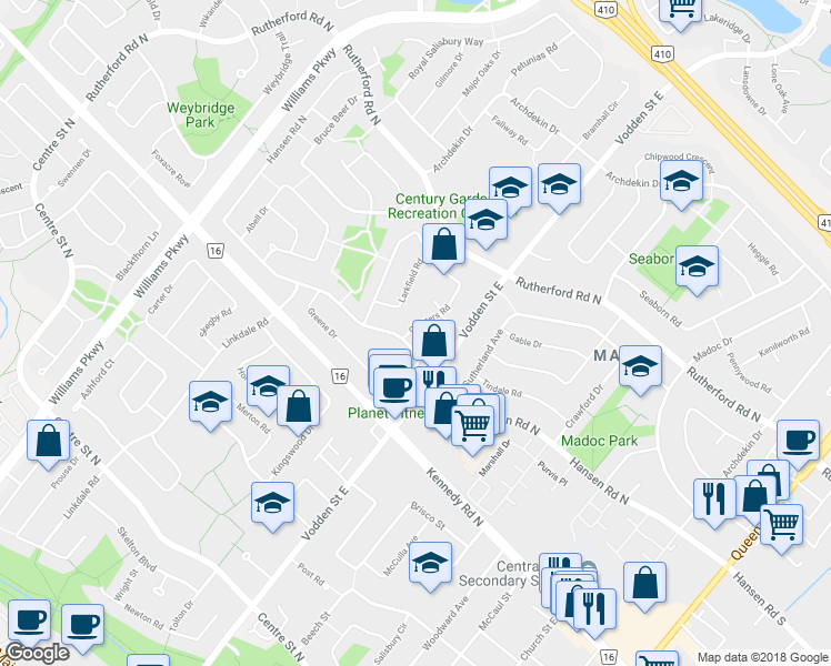 map of restaurants, bars, coffee shops, grocery stores, and more near 6 Charters Road in Brampton