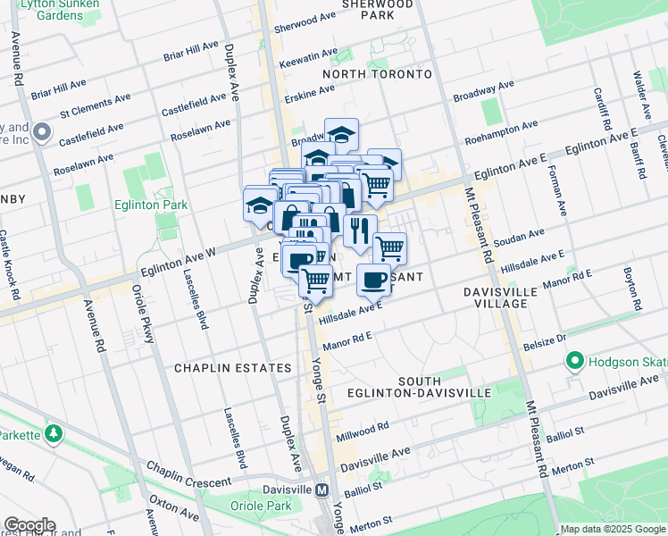 map of restaurants, bars, coffee shops, grocery stores, and more near 30 Holly Street in Toronto