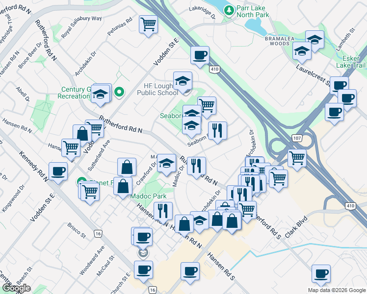 map of restaurants, bars, coffee shops, grocery stores, and more near 81 Seaborn Road in Brampton