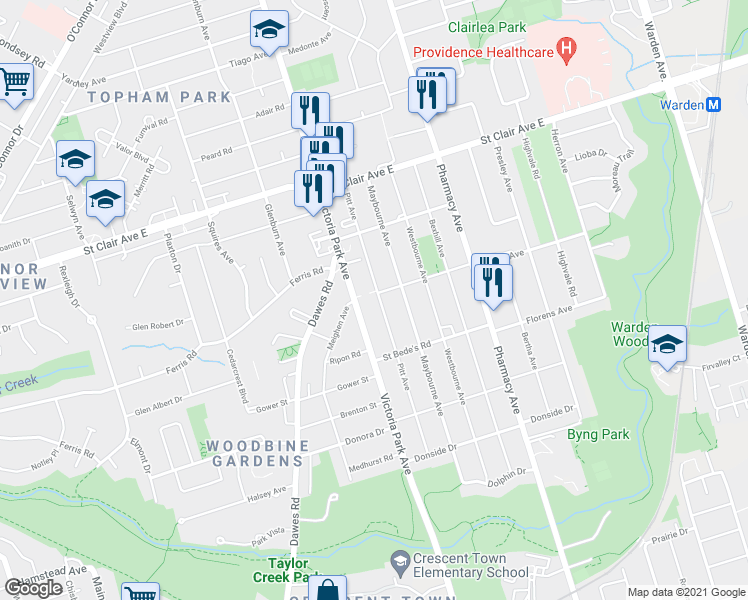 map of restaurants, bars, coffee shops, grocery stores, and more near 104 Pitt Avenue in Toronto